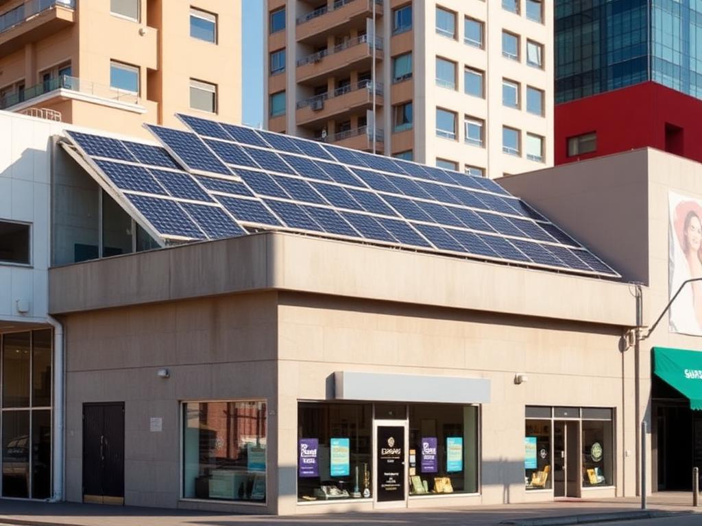 Painéis solares em telhado de estabelecimento comercial