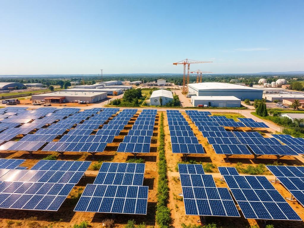 Usina solar em solo com galpões industriais ao fundo